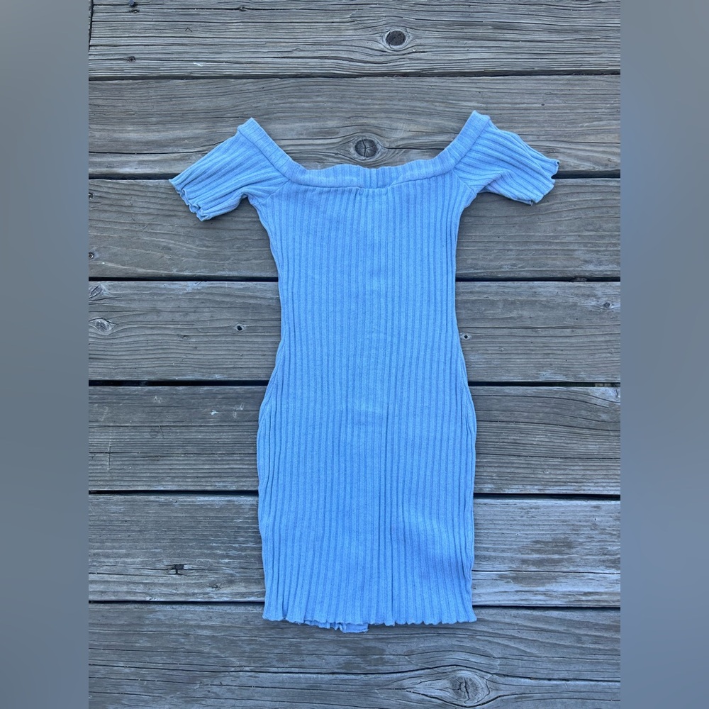Off the Shoulders Light Blue Ribbed Button-Front Off-Shoulder Mini Dress - Picture 2 of 3